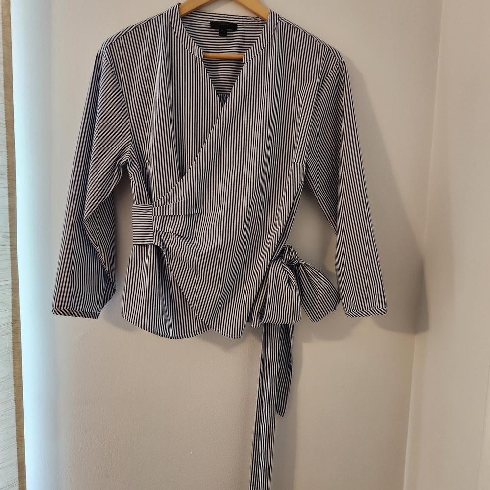 J. Crew Blue and White Striped Wrap Top